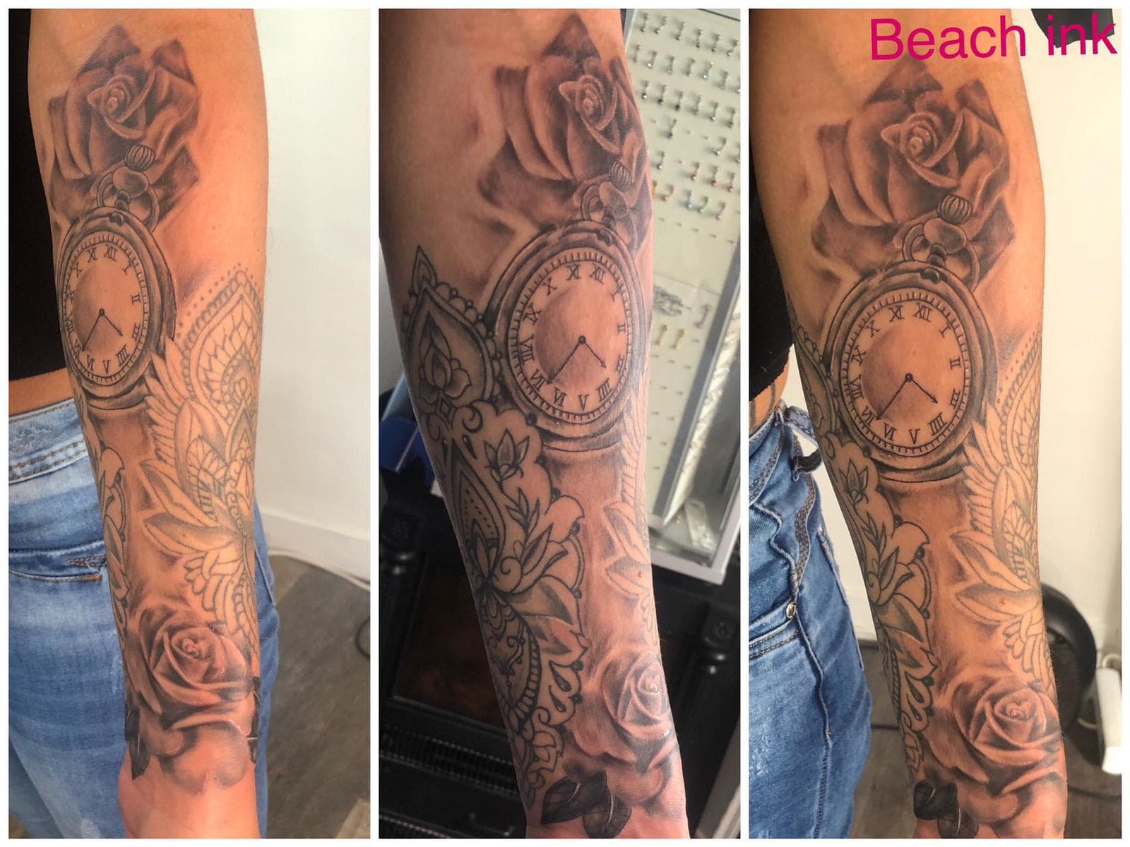Zwart-wit tattoo van zakhorloge, rozen en mandala op onderarm.