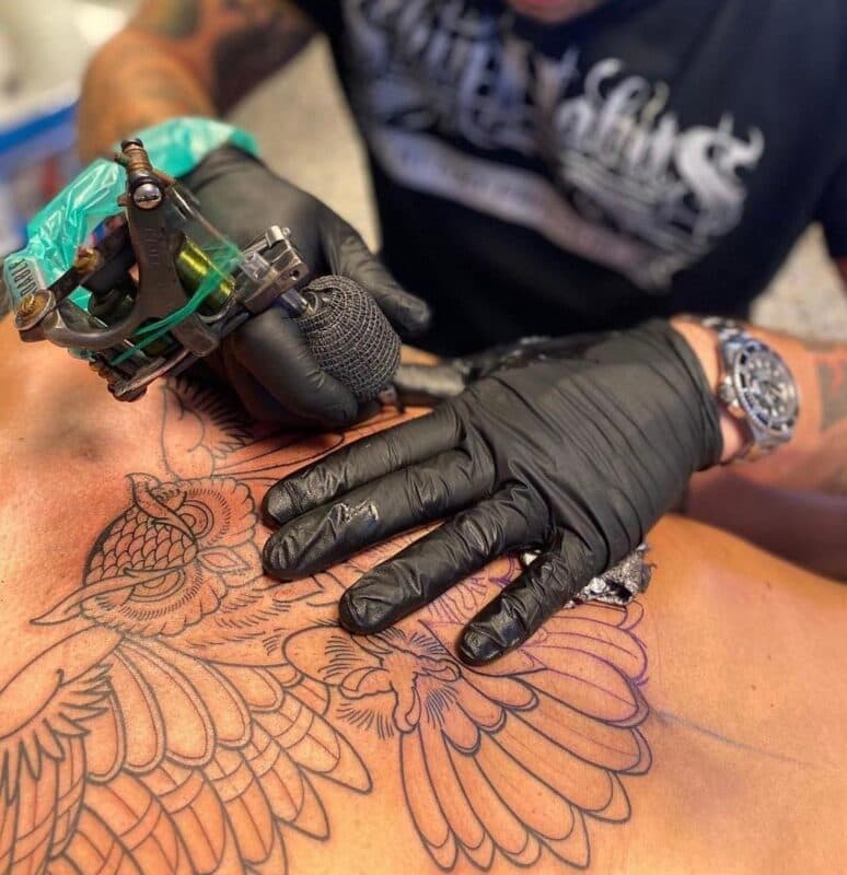 Grote uil tattoo outline op de rug, in wording.