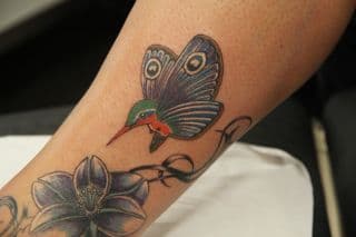 Kleurrijke kolibrie en grijze bloem op onderbeen.