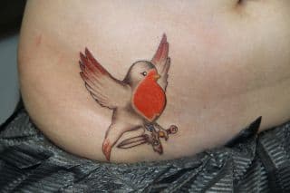 Kleurrijke roodborstje tattoo met een dolk in zijn klauwen op de buik.