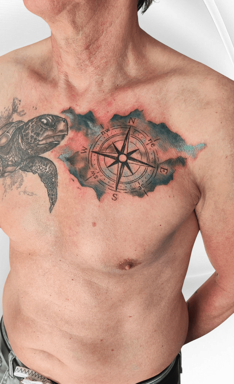 Kompas met aquarel achtergrond en schildpad op borst.