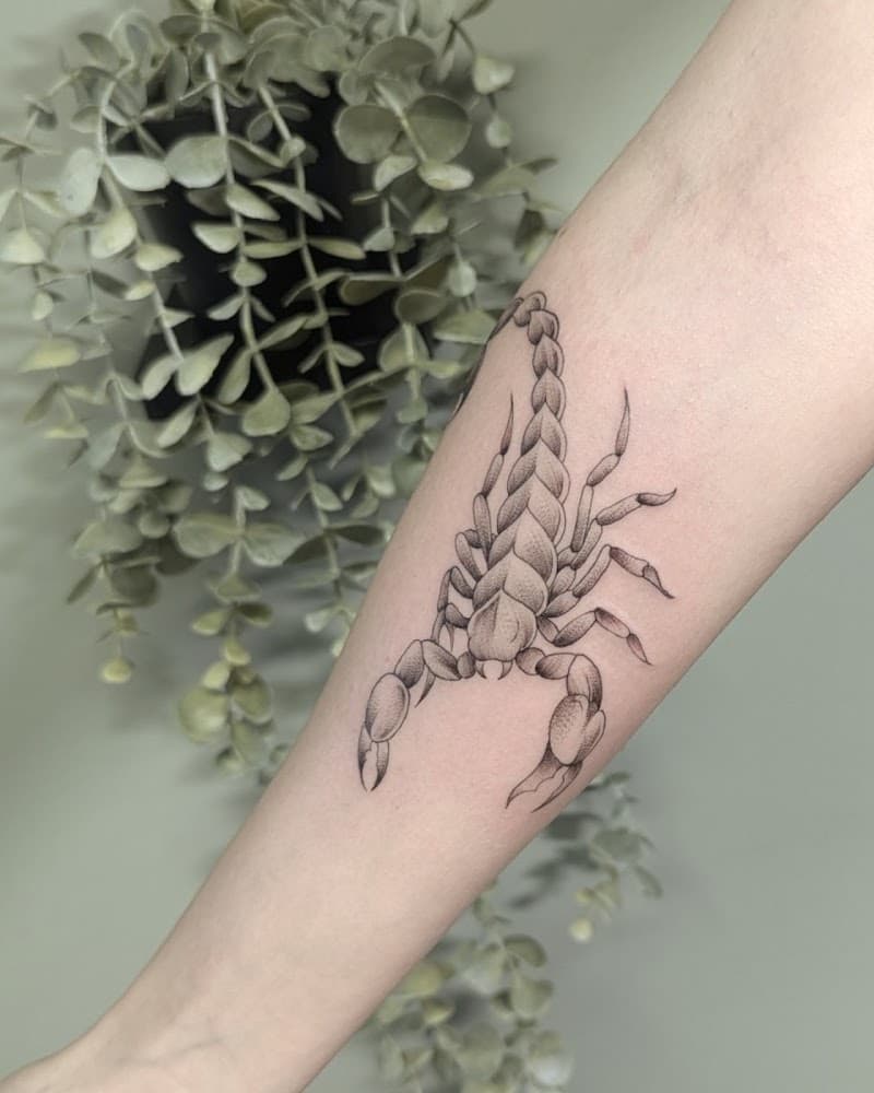 Gedetailleerde schorpioen tattoo in dotwork en fineline op de onderarm.