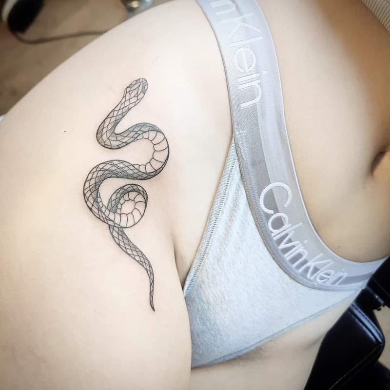 Fineline slang tattoo op de heup met dotwork schaduw.