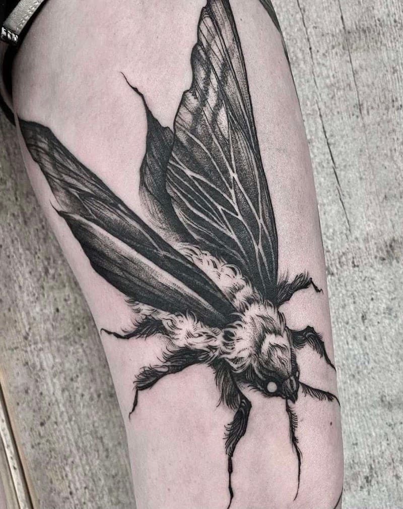 Gedetailleerde zwart-wit mot tattoo op been.