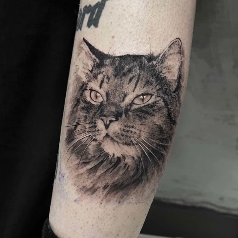 Realistisch portret van een kat op de bovenarm.