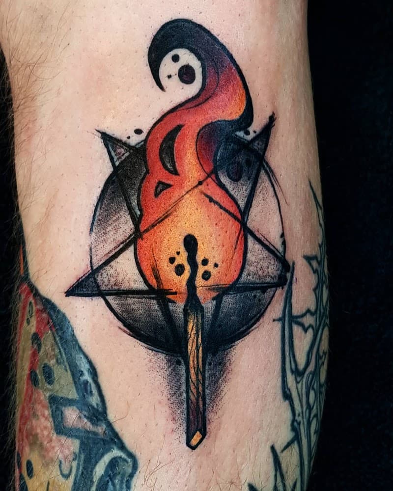 Brandende lucifer in een pentagram, illustratieve stijl.