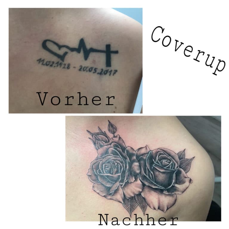 Realistische zwart-wit cover-up tattoo van twee rozen op de schouder.