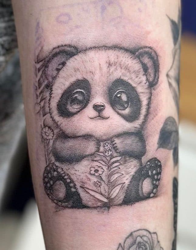 Schattige baby panda tattoo in zwart-wit met bloemen op de onderarm.