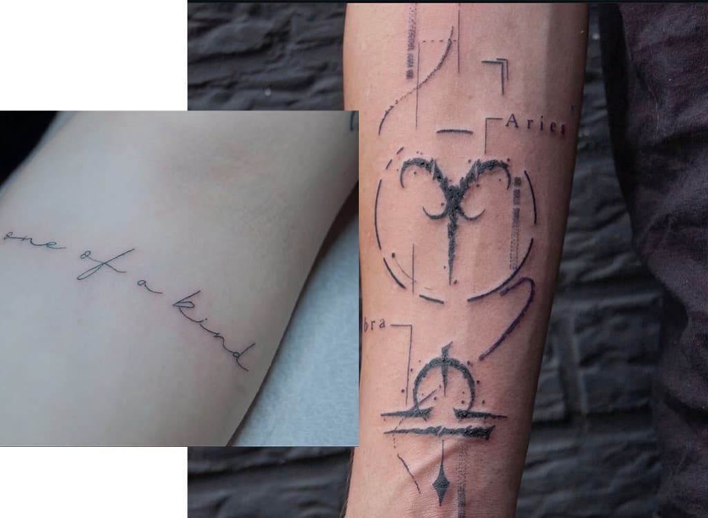 Geometrische tattoo van sterrenbeelden Ram en Weegschaal op onderarm.