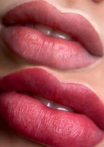 Voor en na foto van een lip blush tattoo behandeling.