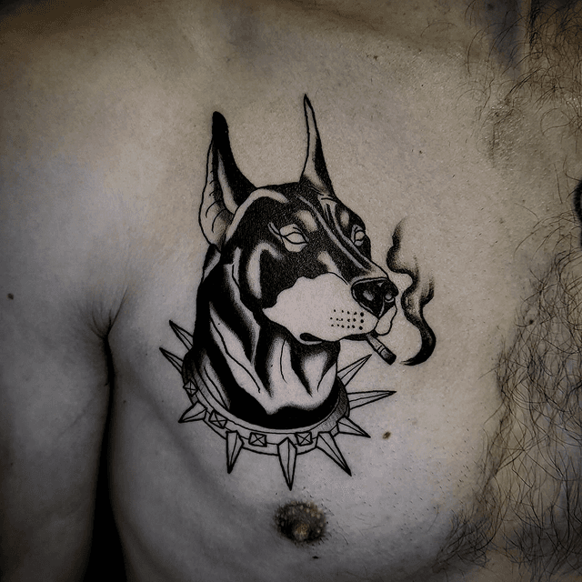 Zwart-wit Dobermann met stekelhalsband en sigaret op borst.