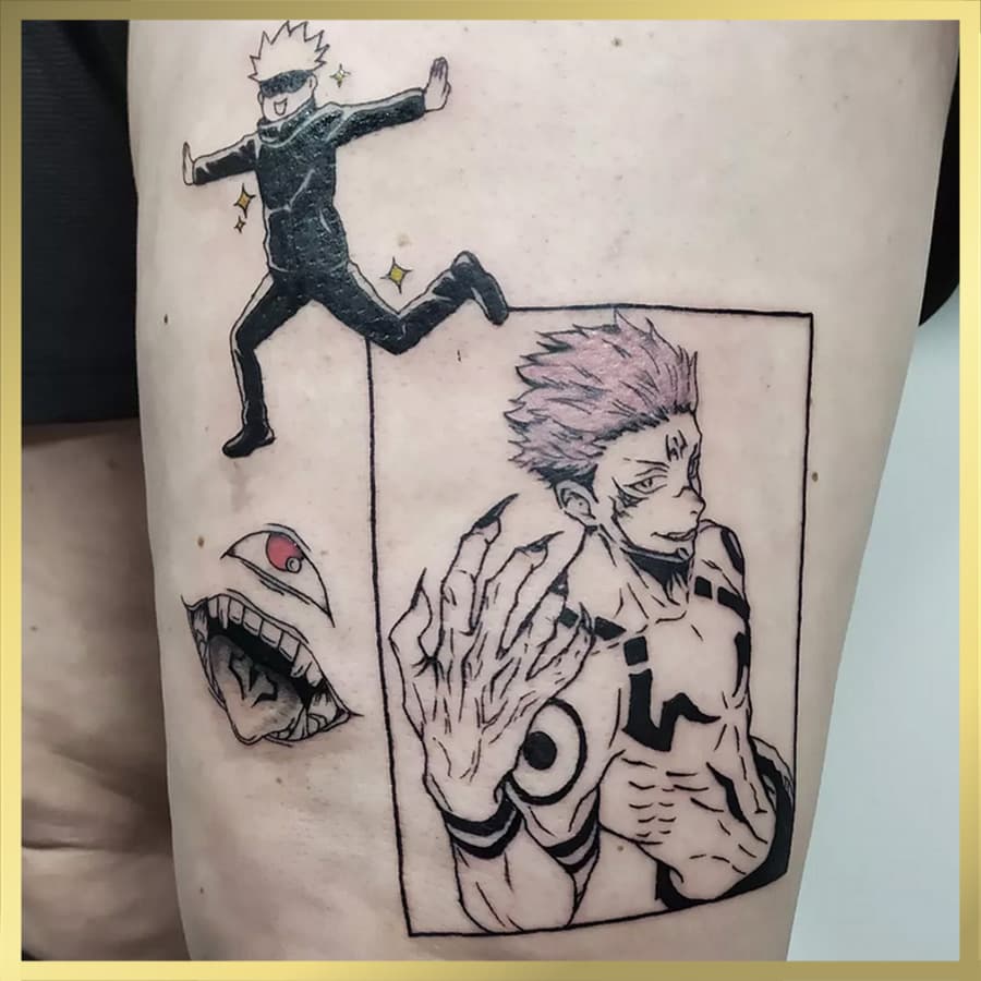 Drie Jujutsu Kaisen tattoos: Gojo, Sukuna en Sukuna's mond op bovenbeen.
