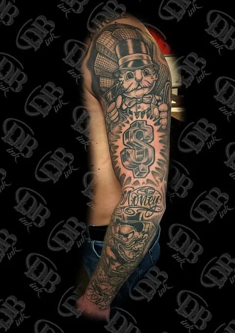 Zwart-wit sleeve met Monopoly man, groot dollarteken en Dagobert Duck.