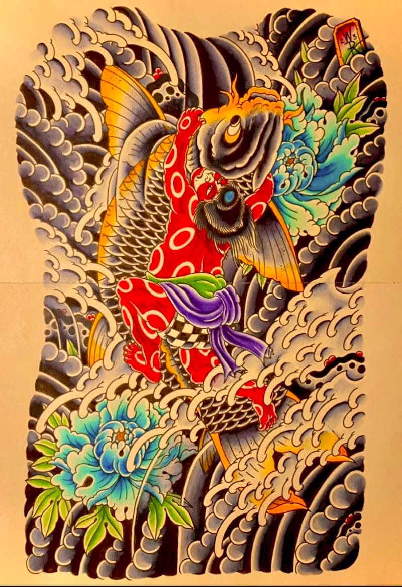 Japanse tattoo van Kintaro die een grote koi karper vangt in wilde golven.