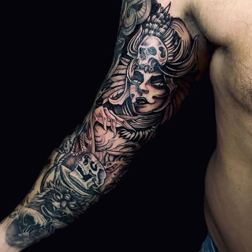 Zwart-wit sleeve met vrouw, schedels en kat.