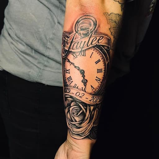 Zwart-wit tattoo van een zakhorloge, roos en banners met naam en datum.