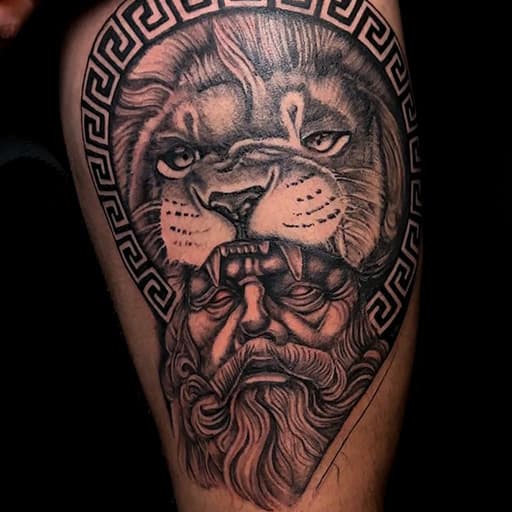 Zwart-wit tattoo van Hercules met een leeuwenkop als hoofdtooi in een Grieks kader.