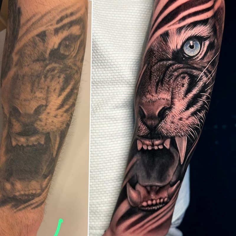 Realistische tijger cover-up tattoo op onderarm.