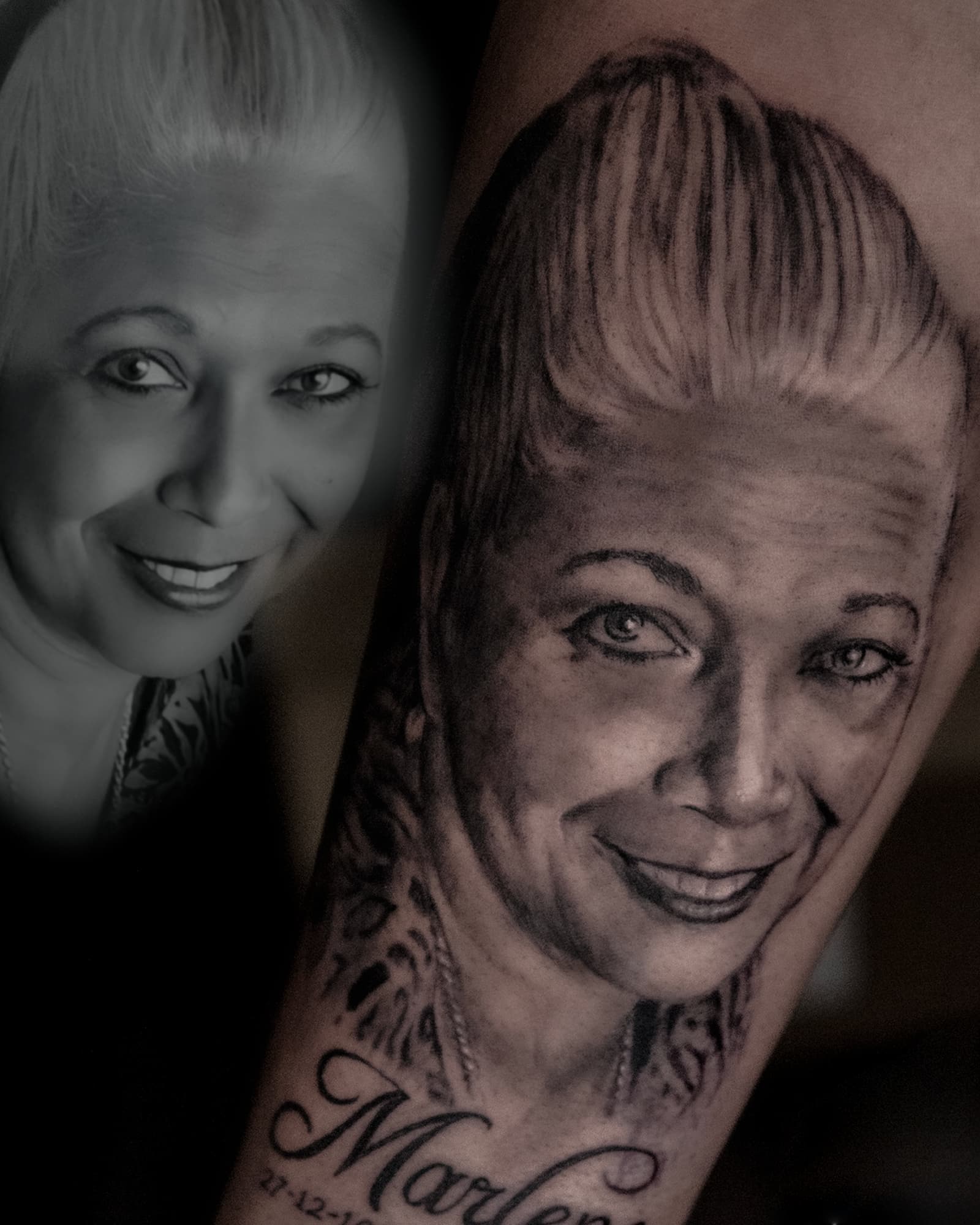 Realistisch portret van een vrouw met naam 'Marlene' en datum.