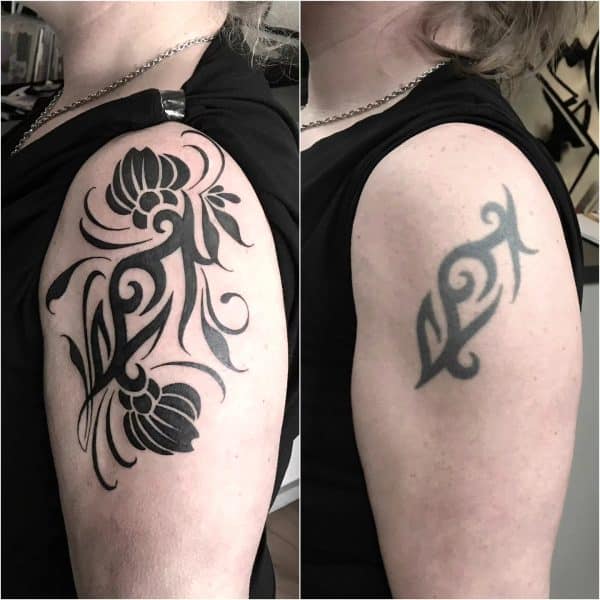 Voor-en-na foto van een tribal cover-up tattoo op de bovenarm.