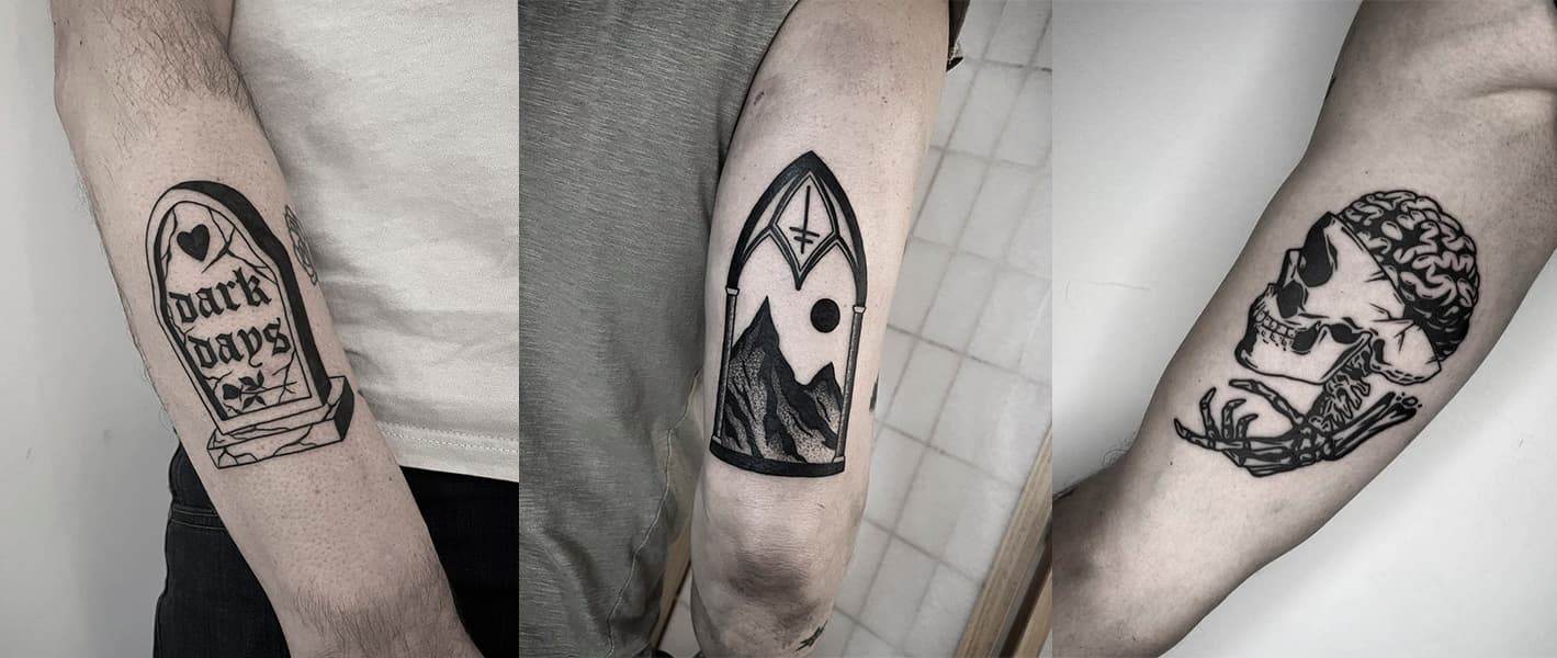 Collage van drie blackwork tattoos: grafsteen, gotisch raam en schedel met brein.