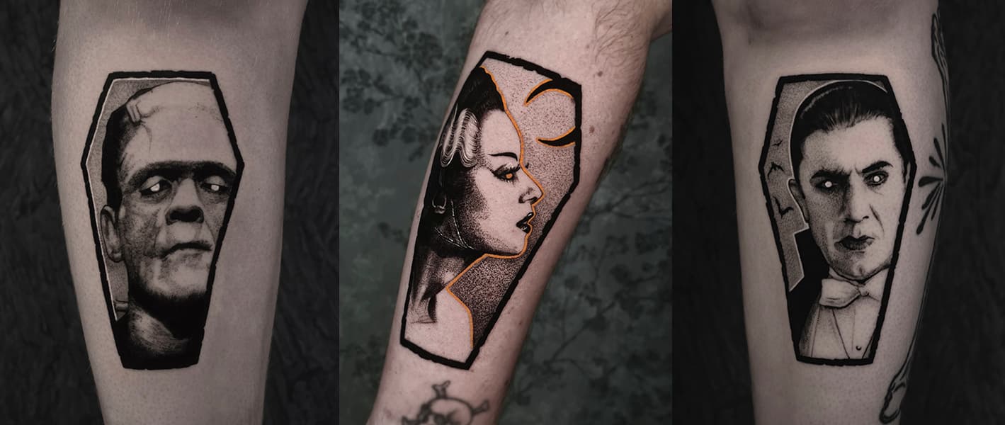 Drieluik van Frankenstein, Bride en Dracula in doodskisten, blackwork stijl.