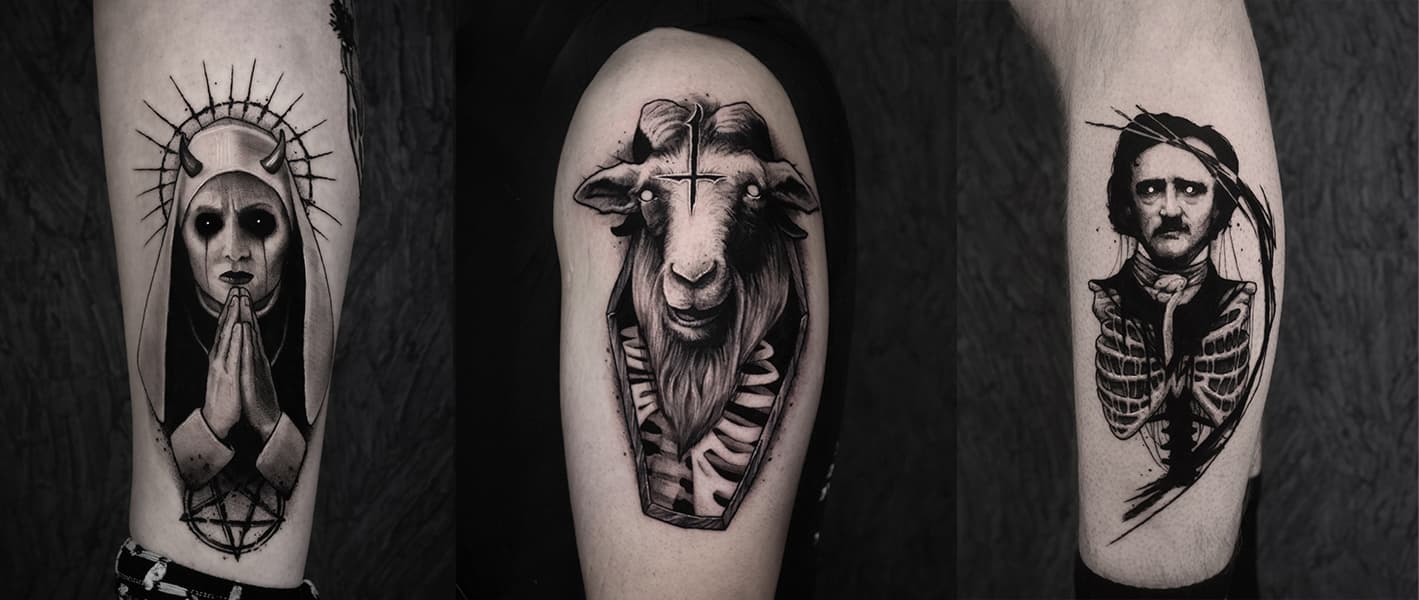 Collage van drie duistere blackwork tattoos: non, geit en Edgar Allan Poe.