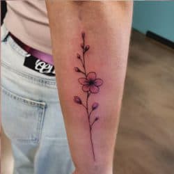 Fijne lijn bloementak tattoo met roze/paarse tinten op onderarm.