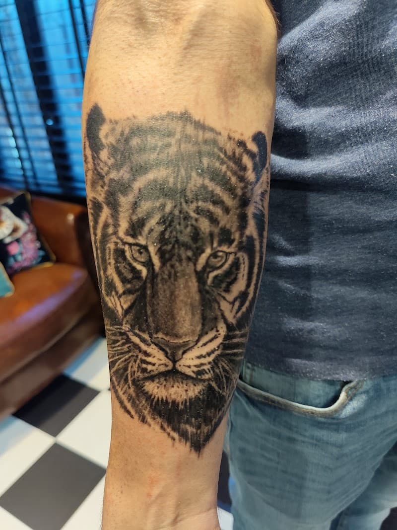 Realistische zwart-wit tijgerkop tattoo op onderarm.