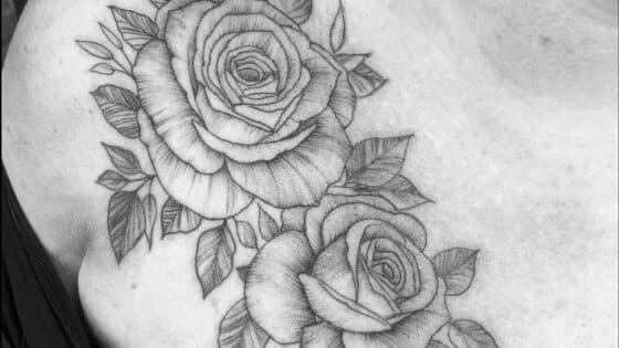 Fineline tattoo van twee rozen met bladeren op de schouder.