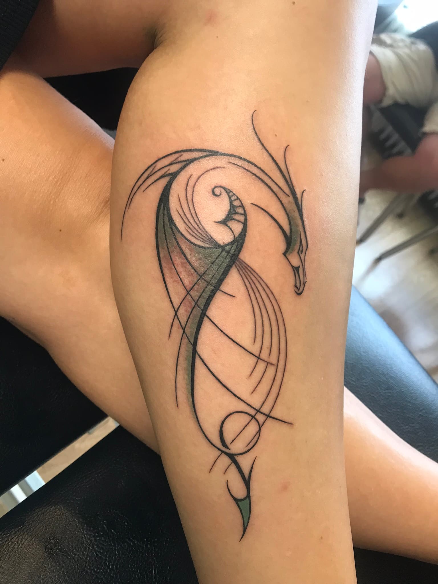 Abstracte, gestileerde draak of feniks tattoo met groene schaduw op onderbeen.