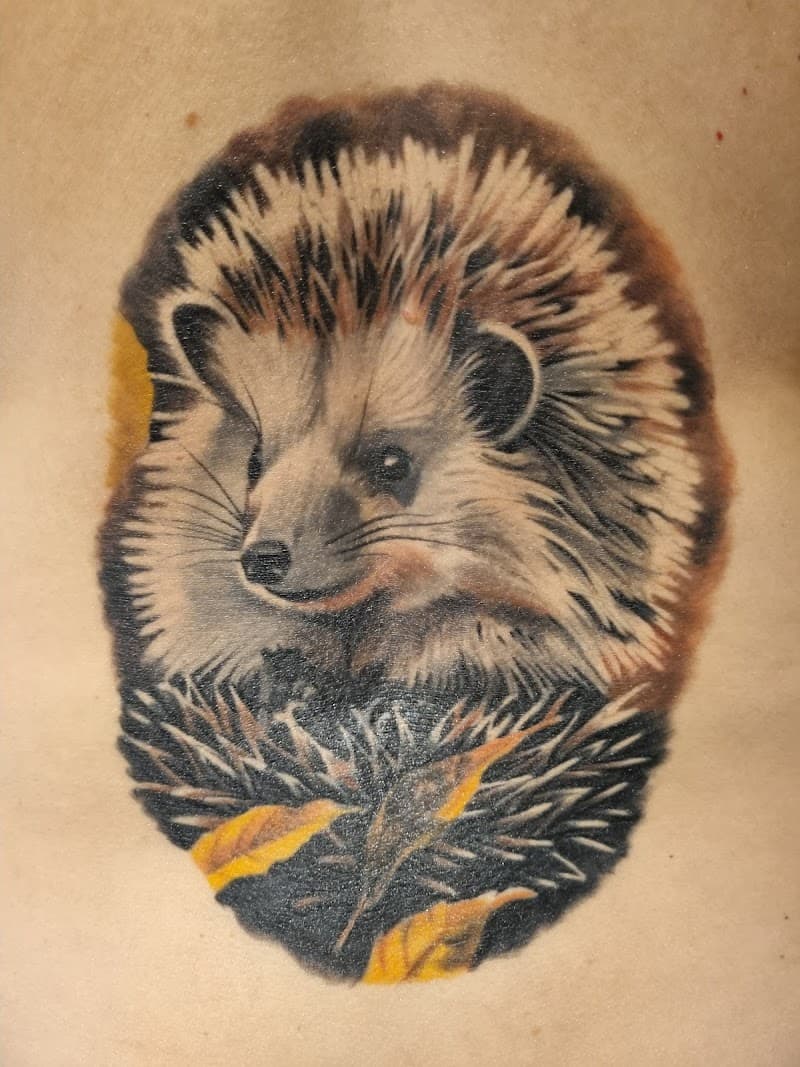 Realistische egel met herfstbladeren tattoo