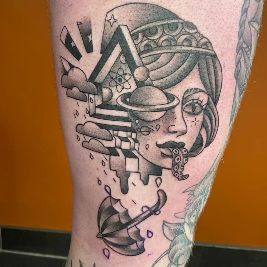 Surrealistisch portret met planeten, geometrie en een tentakel.