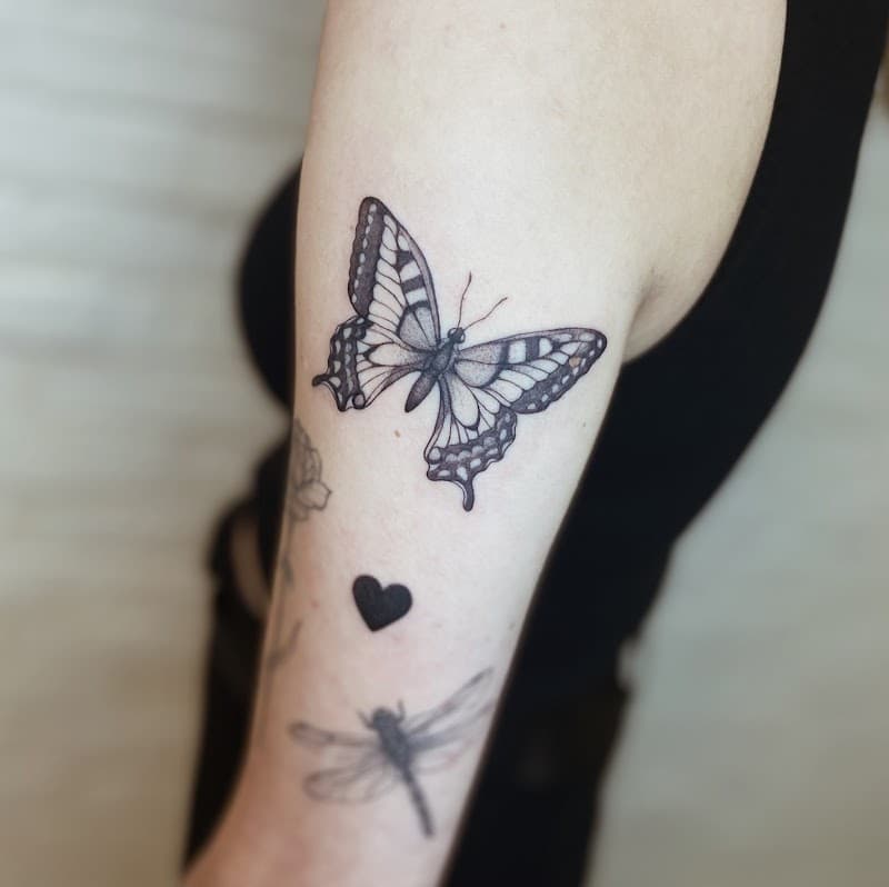 Zwart-witte vlinder tattoo met dotwork op de bovenarm.