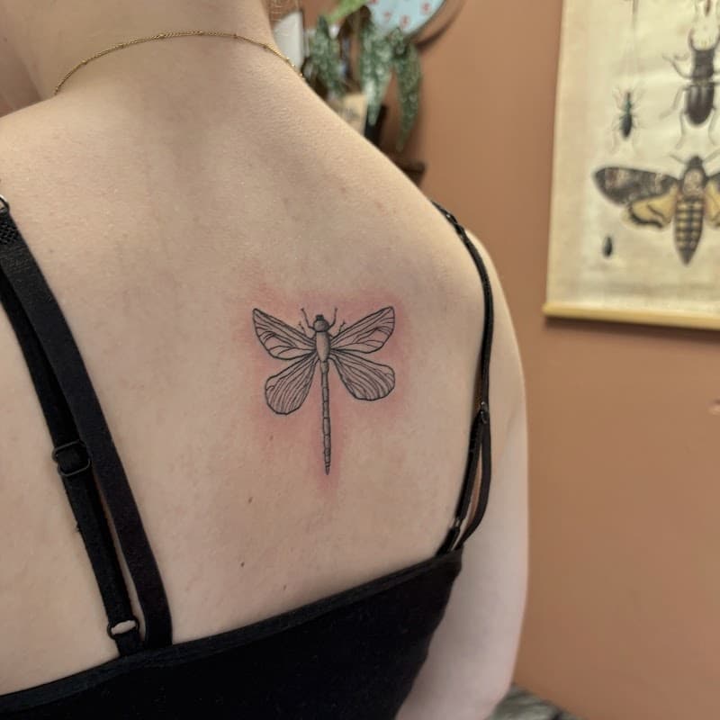 Fineline libel tattoo op de bovenrug.