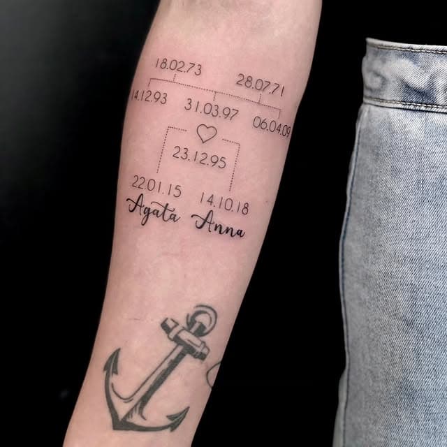 Fineline stamboom met data en namen, en een anker op de onderarm.
