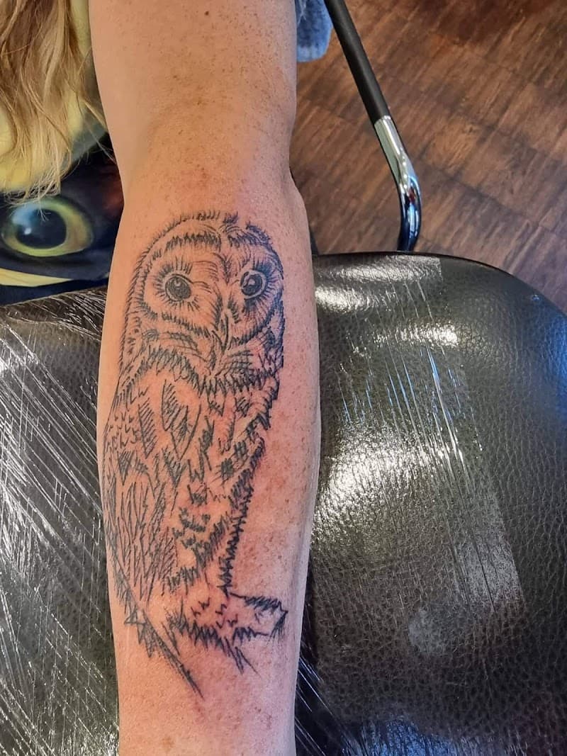 Zwart-wit schetsstijl uil tattoo op onderarm.