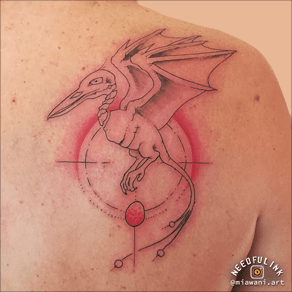 Pterodactylus skelet met rode geometrische cirkel op schouderblad.