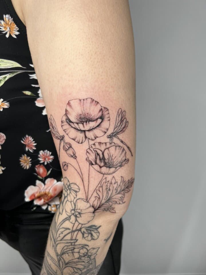 Fineline tattoo van klaprozen en een libel op de bovenarm.