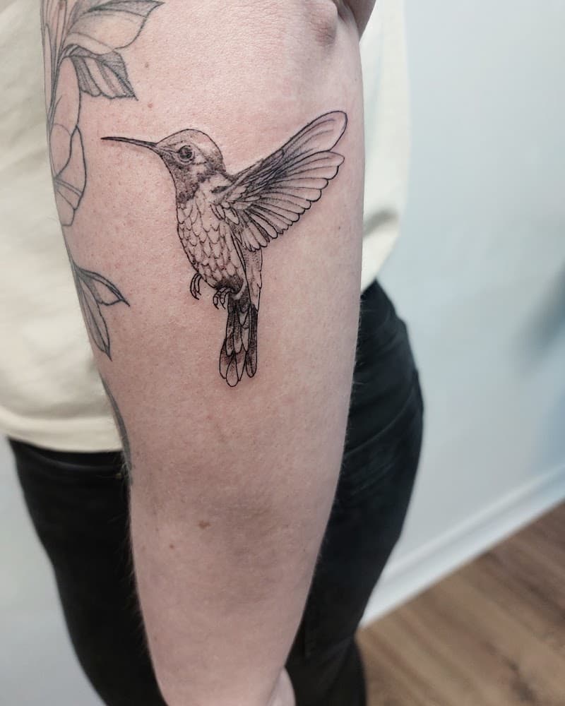 Fineline kolibrie tattoo op de bovenarm.