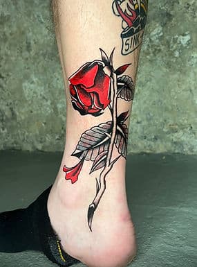 Traditionele rode roos met doorns op de enkel.