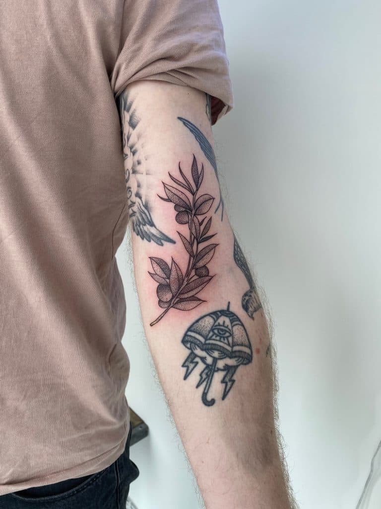 Fineline olijftak en paraplu met oog op achterkant bovenarm.