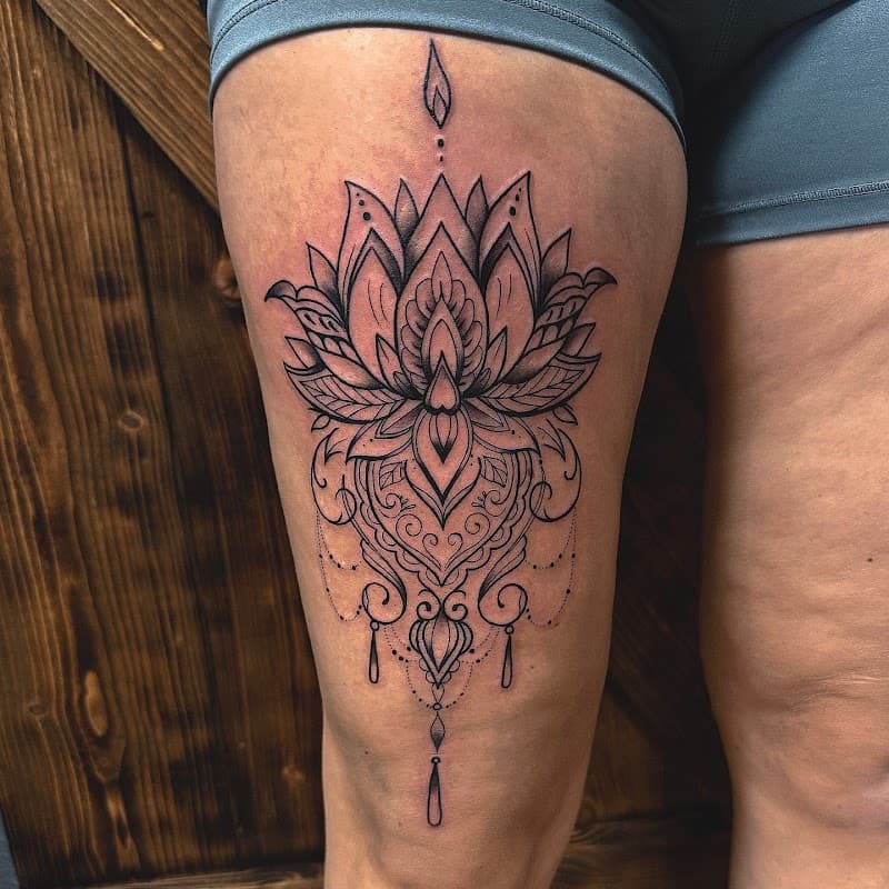 Sierlijke lotusbloem met mandala en hangende ornamenten op bovenbeen.