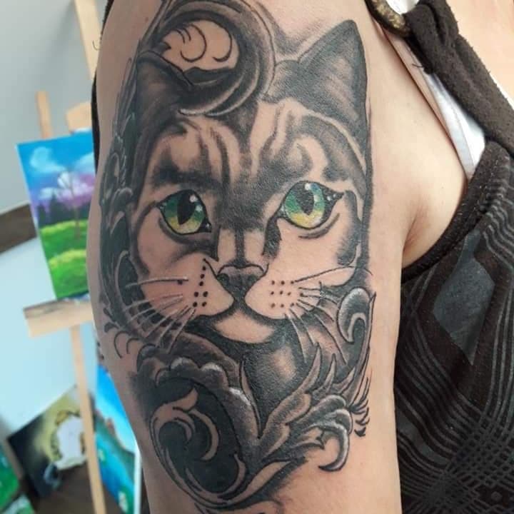 Illustratieve kattenkop met groene ogen en sierlijke krullen op de bovenarm.