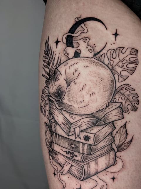 Slapende kat op boekenstapel met maan en bladeren, illustratief dotwork.