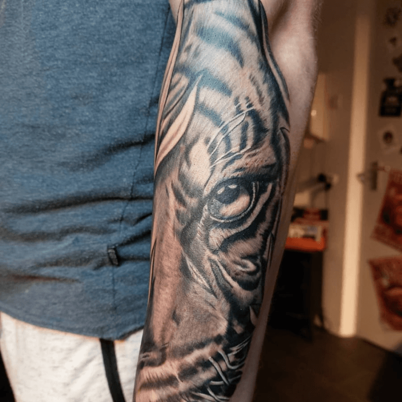 Realistische tijgeroog tattoo op de onderarm.