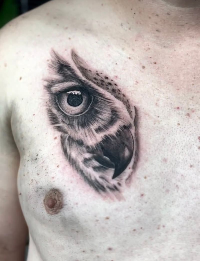 Realistisch uilenoog en snavel op de borst.