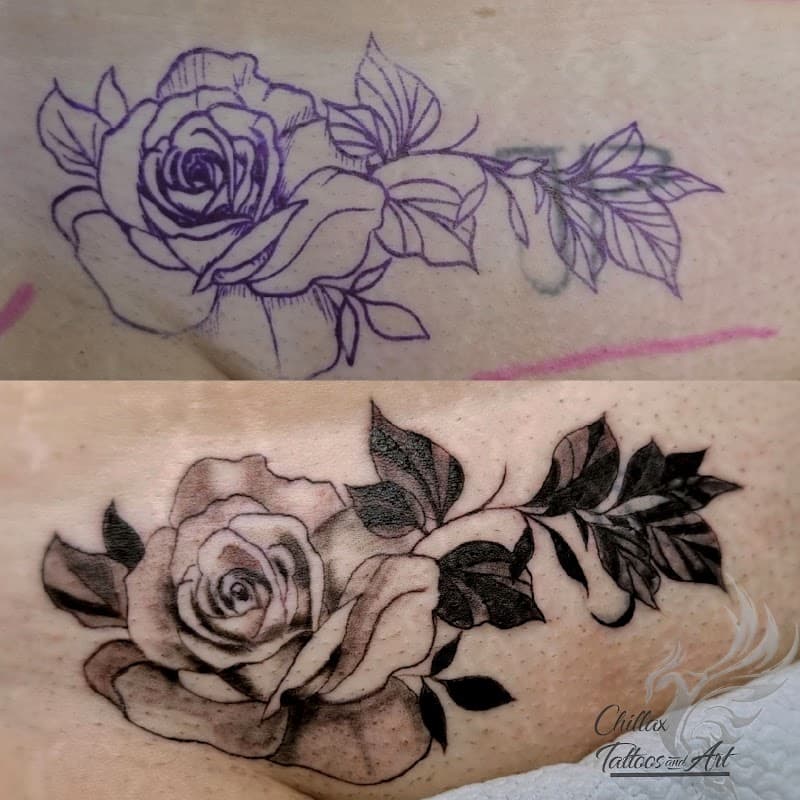 Zwart-grijze roos met bladeren, toont stencil en eindresultaat.