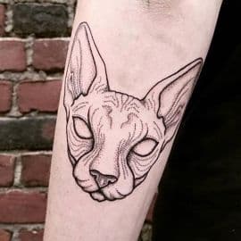 Dotwork tattoo van een Sphynx kattenkop op de onderarm.