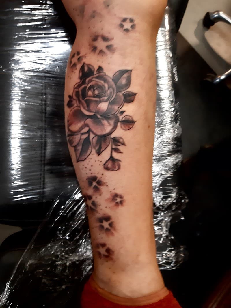 Zwart-wit roos met hondenpootjes op onderbeen.